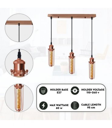 3 Head Rectangle Rose Gold Ceiling E27 Pendant Light with Wire Cage, Industrial Vintage Hanging Lamp Fixture