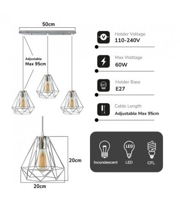 Ceiling Pendant Light 20cm Diamond Wire Cage E27 Base Chrome Metal Vintage