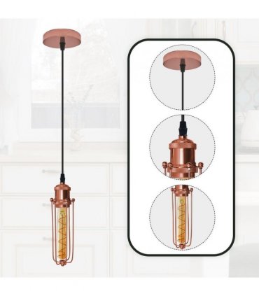 Pendant Light Kit Single Rose Gold Ceiling E27 Pendant Light with Wire Cage
