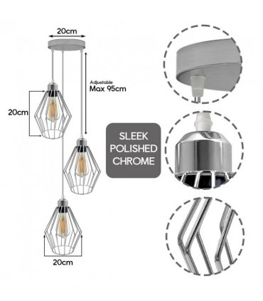 Chrome 3 Head Round Base Retro Vintage Loft Style Ceiling Lamp Shade Easy Fit E27 Base Screw Type Light