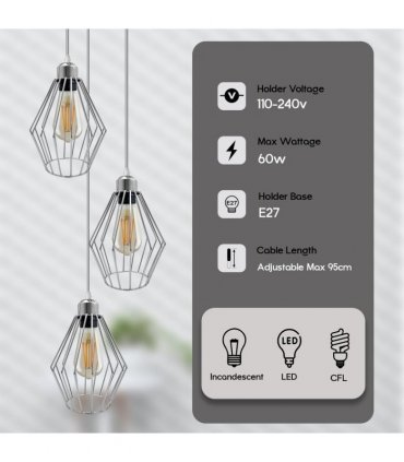 Chrome 3 Head Round Base Retro Vintage Loft Style Ceiling Lamp Shade Easy Fit E27 Base Screw Type Light