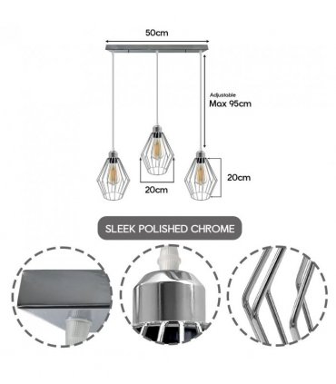Chrome 3 Head Rectangle Base Retro Vintage Loft Style Ceiling Lamp Shade Easy Fit E27 Base Screw Type Light