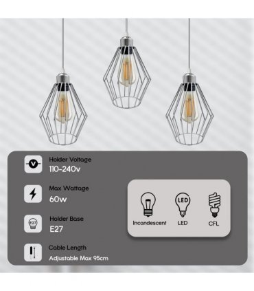 Chrome 3 Head Rectangle Base Retro Vintage Loft Style Ceiling Lamp Shade Easy Fit E27 Base Screw Type Light