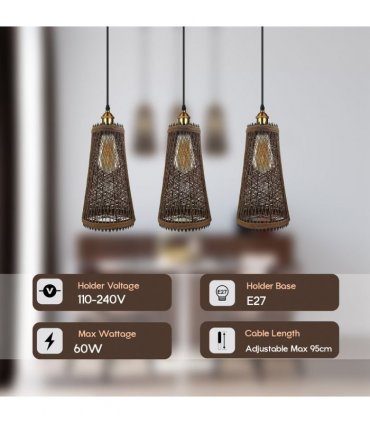 3 Head Natural Wicker Basket Style Retro Industrial Vintage Rattan Ceiling Pendant