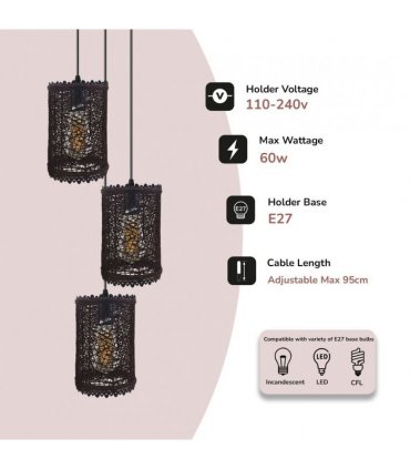 Pendant Light Vintage/Retro Rattan PVC Metal Dark Brown 22cm 3 Head 14cm