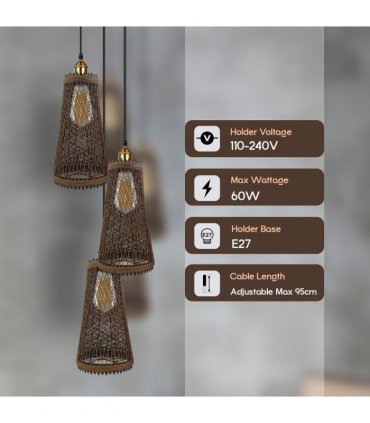3 Head Natural Wicker Basket Style Retro Industrial Vintage Rattan Ceiling Pendant