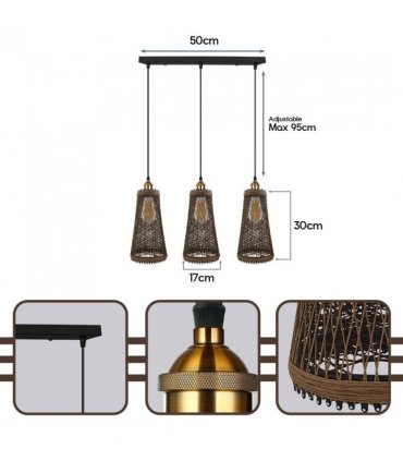 Ceiling Pendant Lamp 3 Head Natural Wicker Basket Style Retro Industrial Vinta