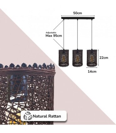 3 Head Rectangle Base Natural Wicker Rattan Ceiling Pendant Light Shade