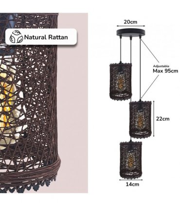 Pendant Light Dark Brown Rattan PVC Metal 3 Head Round Base E27 22cm 14cm