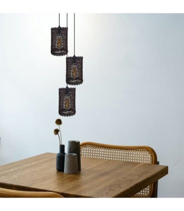 Pendant Light Dark Brown Rattan PVC Metal 3 Head Round Base E27 22cm 14cm
