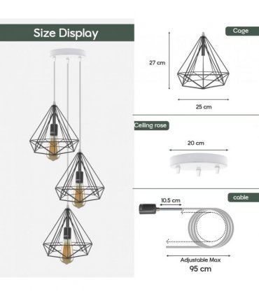 3 Head Round Base Vintage Industrial E27 Ceiling Hanging Light Cage Shade Loft Style Metal Ceiling Pendant Lamp