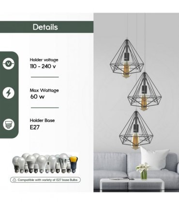 3 Head Round Base Vintage Industrial E27 Ceiling Hanging Light Cage Shade Loft Style Metal Ceiling Pendant Lamp