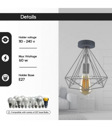 Ceiling Light Fixture Metal Cage Red Vintage Semi Flush Mount E27 Holder 60W