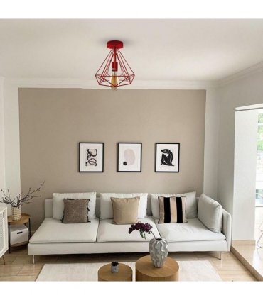 Ceiling Light Fixture Metal Cage Red Vintage Semi Flush Mount E27 Holder 60W