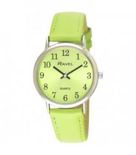 Watch Bright Lime Green Leather Strap Easy Read Hands Silver Tone Case