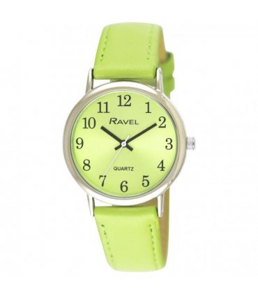 Watch Bright Lime Green Leather Strap Easy Read Hands Silver Tone Case