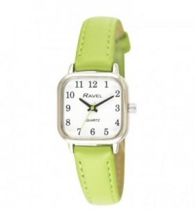 Watch - Leather Strap Bright Green 26.00 cm - Ravel Ladies Cushion Shaped Watch