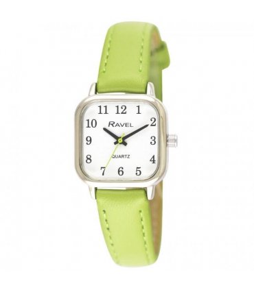 Watch - Leather Strap Bright Green 26.00 cm - Ravel Ladies Cushion Shaped Watch