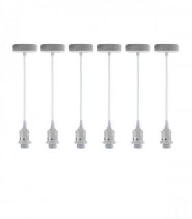 6 Pack Industrial Pendant Light Fitting, Lampshade Addable E27 Lamp White Holder Fitting Set With PVC Cable