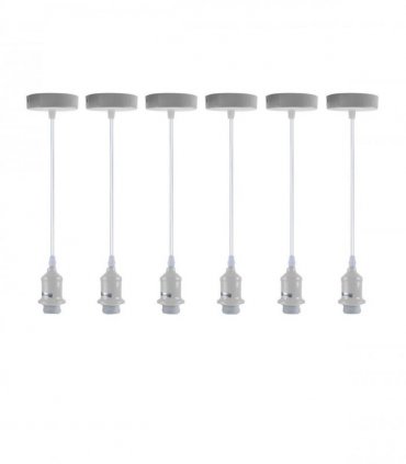 6 Pack Industrial Pendant Light Fitting, Lampshade Addable E27 Lamp White Holder Fitting Set With PVC Cable