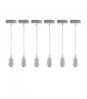 6 Pack Industrial Pendant Light Fitting, Lampshade Addable E27 Lamp White Holder Fitting Set With PVC Cable