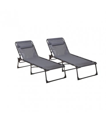 Outdoor Folding Sun Lounger Grey Steel Mesh Fabric Pillow 160cm x 74cm x 112cm