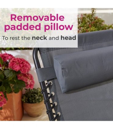 Outdoor Folding Sun Lounger Grey Steel Mesh Fabric Pillow 160cm x 74cm x 112cm
