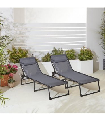 Outdoor Folding Sun Lounger Grey Steel Mesh Fabric Pillow 160cm x 74cm x 112cm