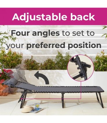 Outdoor Folding Sun Lounger Grey Steel Mesh Fabric Pillow 160cm x 74cm x 112cm
