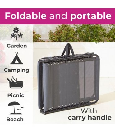Outdoor Folding Sun Lounger Grey Steel Mesh Fabric Pillow 160cm x 74cm x 112cm