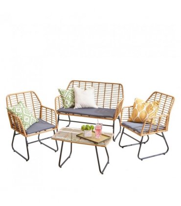 Bamboo Grey Garden Sofa Set with Table & Chairs, Handwoven Rattan, Beige/Grey