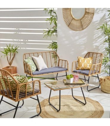 Bamboo Grey Garden Sofa Set with Table & Chairs, Handwoven Rattan, Beige/Grey