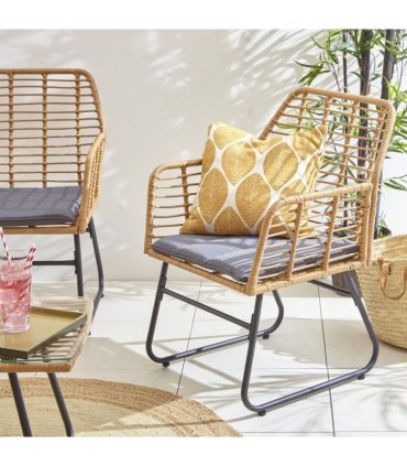 Bamboo Grey Garden Sofa Set with Table & Chairs, Handwoven Rattan, Beige/Grey