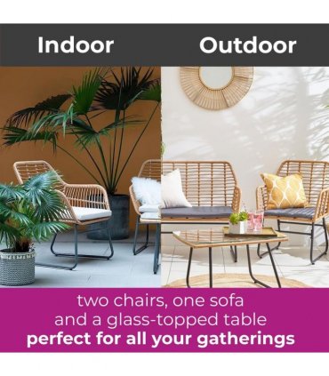 Bamboo Grey Garden Sofa Set with Table & Chairs, Handwoven Rattan, Beige/Grey