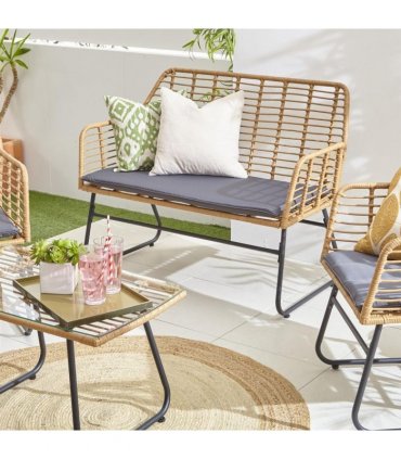 Bamboo Grey Garden Sofa Set with Table & Chairs, Handwoven Rattan, Beige/Grey