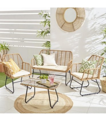 Neo 4 Piece Wicker Bamboo Style Garden Sofa, Table & Chairs Set