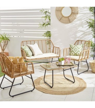 Neo 4 Piece Wicker Bamboo Style Garden Sofa, Table & Chairs Set