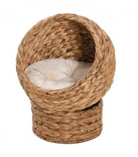 PawHut Elevated Kitten Hooded Rattan Cat House Basket Cushion, 52x42x60cm Brown