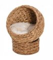 PawHut Elevated Kitten Hooded Rattan Cat House Basket Cushion, 52x42x60cm Brown