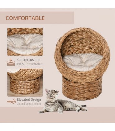 PawHut Elevated Kitten Hooded Rattan Cat House Basket Cushion, 52x42x60cm Brown