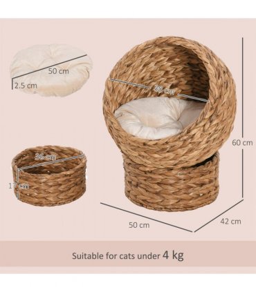 PawHut Elevated Kitten Hooded Rattan Cat House Basket Cushion, 52x42x60cm Brown