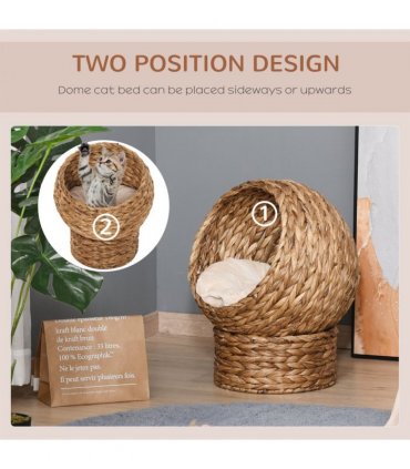 PawHut Elevated Kitten Hooded Rattan Cat House Basket Cushion, 52x42x60cm Brown