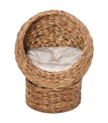 PawHut Elevated Kitten Hooded Rattan Cat House Basket Cushion, 52x42x60cm Brown