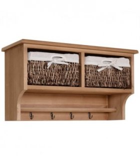 HOMCOM Entryway Coat Rack Wall Mounted Shelf Hooks 2 Baskets Brown