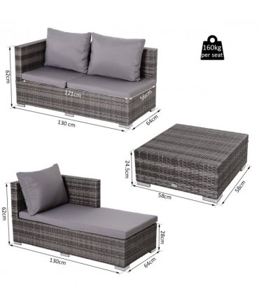 PE Rattan Grey 130 Lx64 Wx62 H cm Outdoor Sofa Set 4-Seater with Storage Table