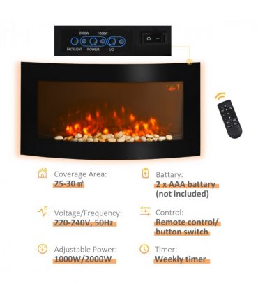 HOMCOM Electric Fireplace Wall Mounted Led Flame Curved Back Side Lights Heater