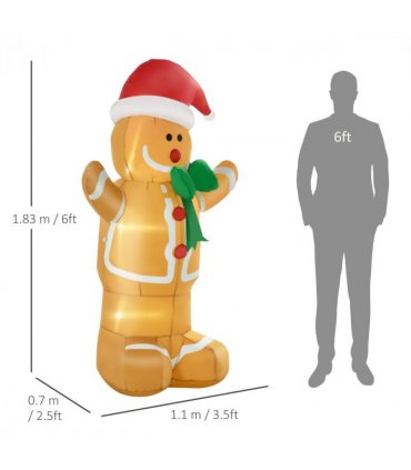 HOMCOM 6ft Christmas Inflatable Gingerbread Man & Santa Hat w/ LED Lights