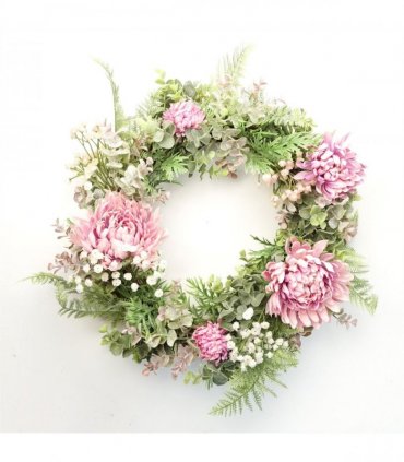 Artificial Pink Floral Wreath 45cm Dark Pink Natural Woven Base Leaf
