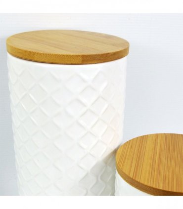 Set of Two Ceramic Jars Embossed Cream Canisters with Lids