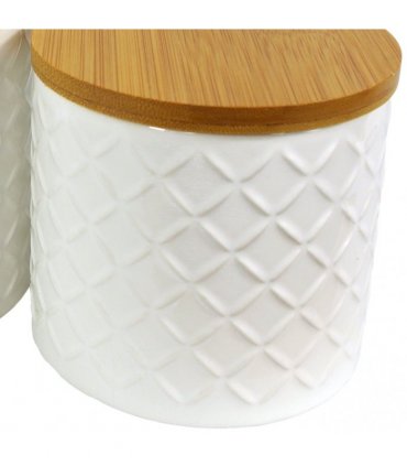 Set of Two Ceramic Jars Embossed Cream Canisters with Lids